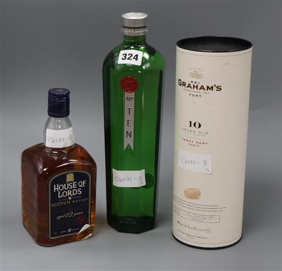 One bottle of Grahams 10 year old Tawny, one Tanquerey 10 year old Gin and House of Lords, 12 year old blended Scotch Whisky